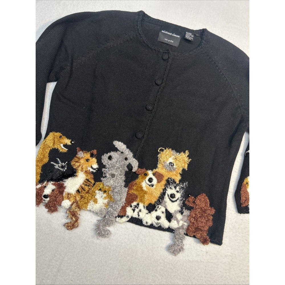 Michael Simon Dog Cardigan Sweater Novelty Puppy Applique Knit M